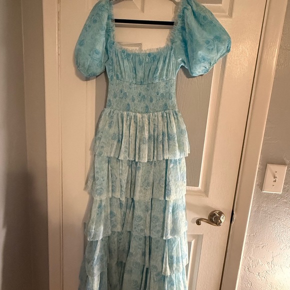 Altar’d State Jane Floral  Blue Tiered Puff-Sleeve Midi Dress - Picture 2 of 5